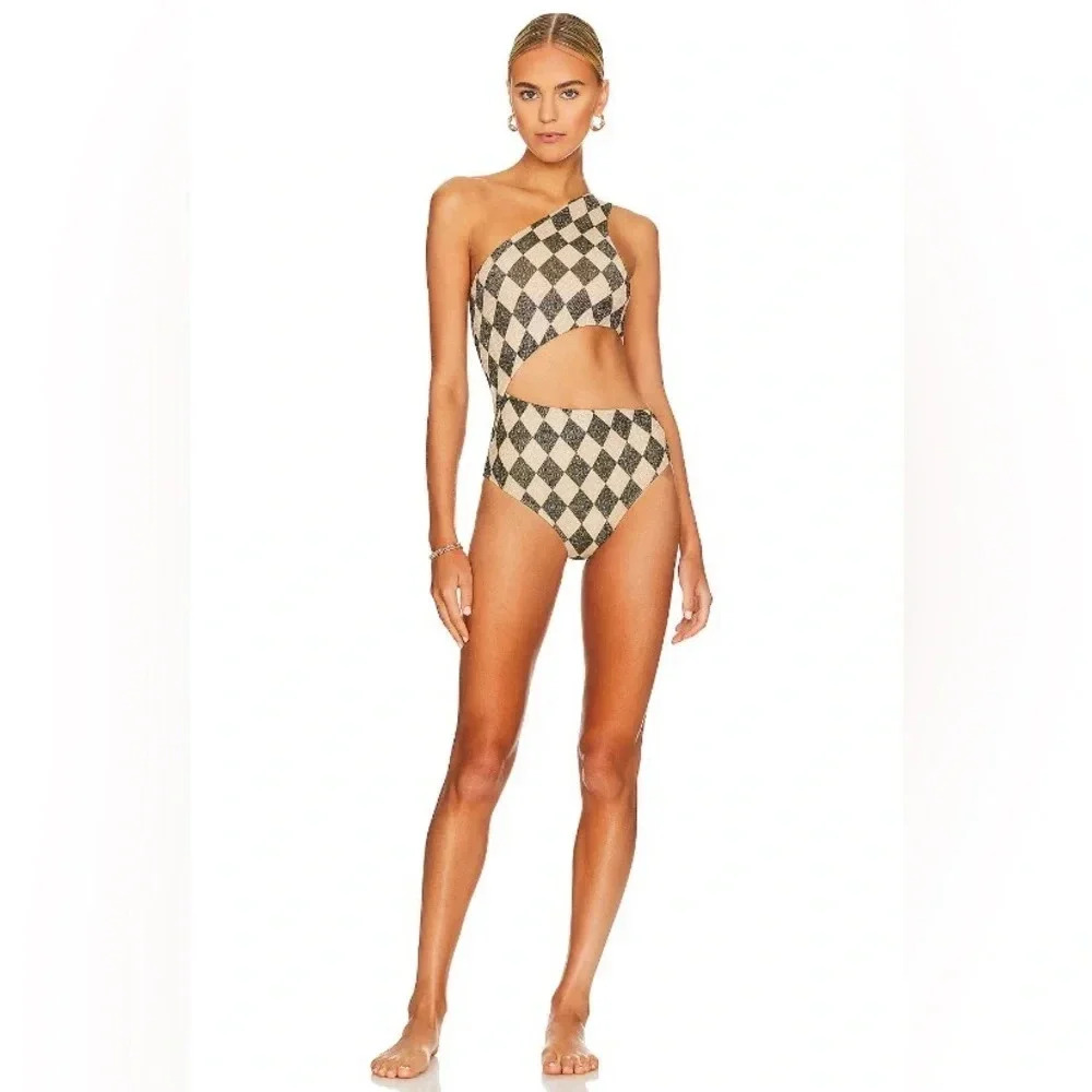 Beach Riot Black and Gold One Shoulder Swim One Piece